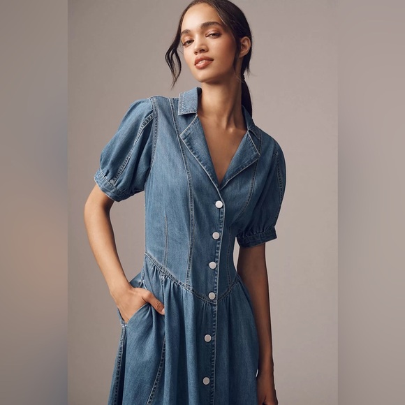 Anthropologie Pilcro Short-Sleeve Denim Midi Shirt Dress - Picture 3 of 10